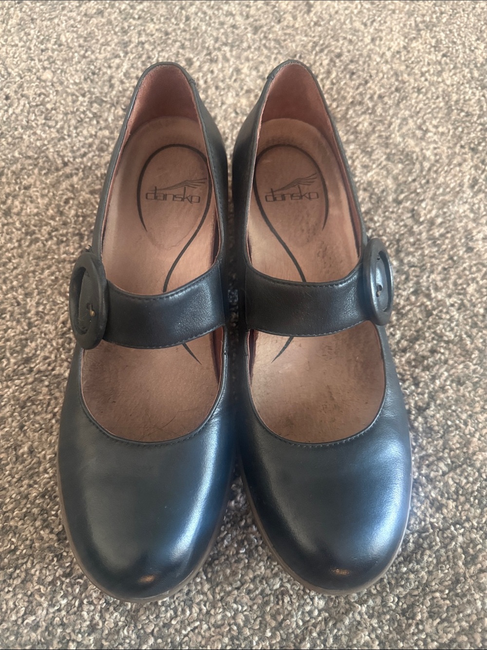 Dansko Black Leather Mary Jane Flats with Button Strap